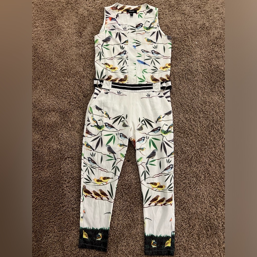 Designer unique boutique ERMIS sleeveless jumpsuit  ROMPER birds bees floral Lg